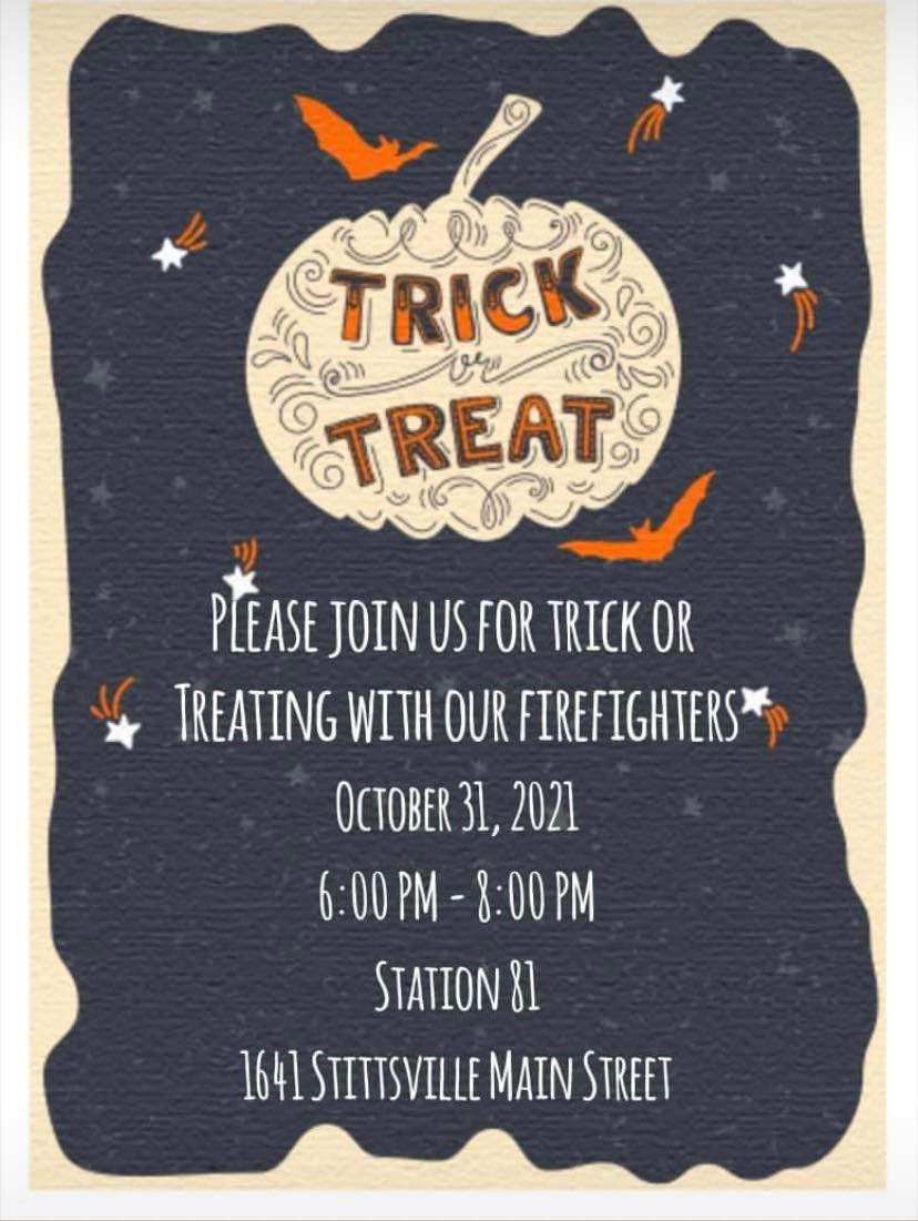 StittsCentral's tweet photo. Our community loved firefighters at Station 81 will be treating all the spooky goblins on Halloween from 6:00 - 8:00pm. Drop by and give them a scare! Thanks #JoshAdam for sharing. 1641 Stittsville Main. @OttFire https://t.co/Hi18W5GEDu
