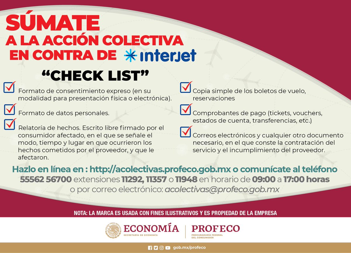 Profeco's tweet photo. ⚠️✈️ Si fuiste afectado por incumplimientos por parte de la aerolínea #INTERJET, te invitamos a adherirte a la acción colectiva en su contra. 

📝 Consulta toda la información y documentación que necesitarás presentar con nosotros para sumarte. https://t.co/4LJk3CfidI https://t.co/5NA1OoEaSg