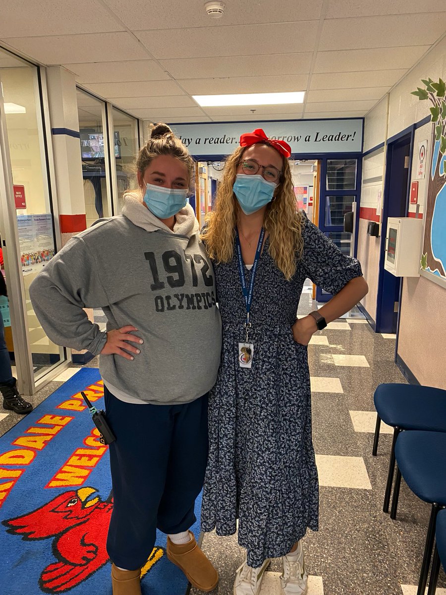 PEwithMsC_'s tweet photo. Character day is always fun when you have a friend to dress with! Myself as  Mrs. Trunchbull and the lovely @MsKerrKDES as Matilda. #RedRibbonWeek2021 https://t.co/p27qK10hHe