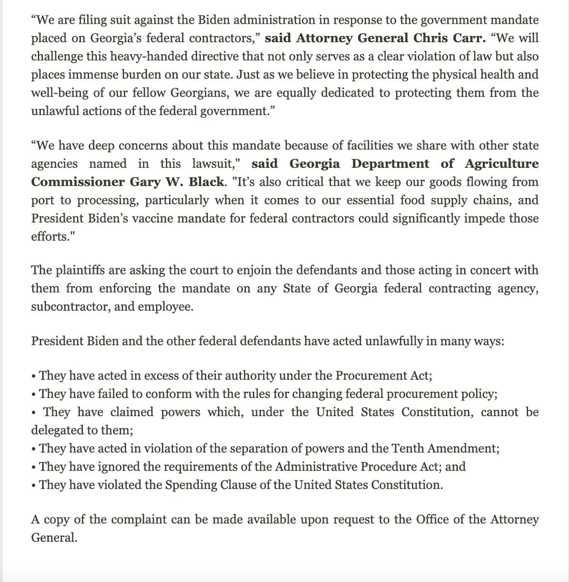 NEW - Georgia Governor's office says* it's filing a federal lawsuit challenging Biden's covid vaccine mandate for fed contractors, saying it puts GA "in an untenable situation." #gapol

*it's not filed yet, so can't tell you what's in it! 

More to come.

madmimi.com/p/72de031?pact…