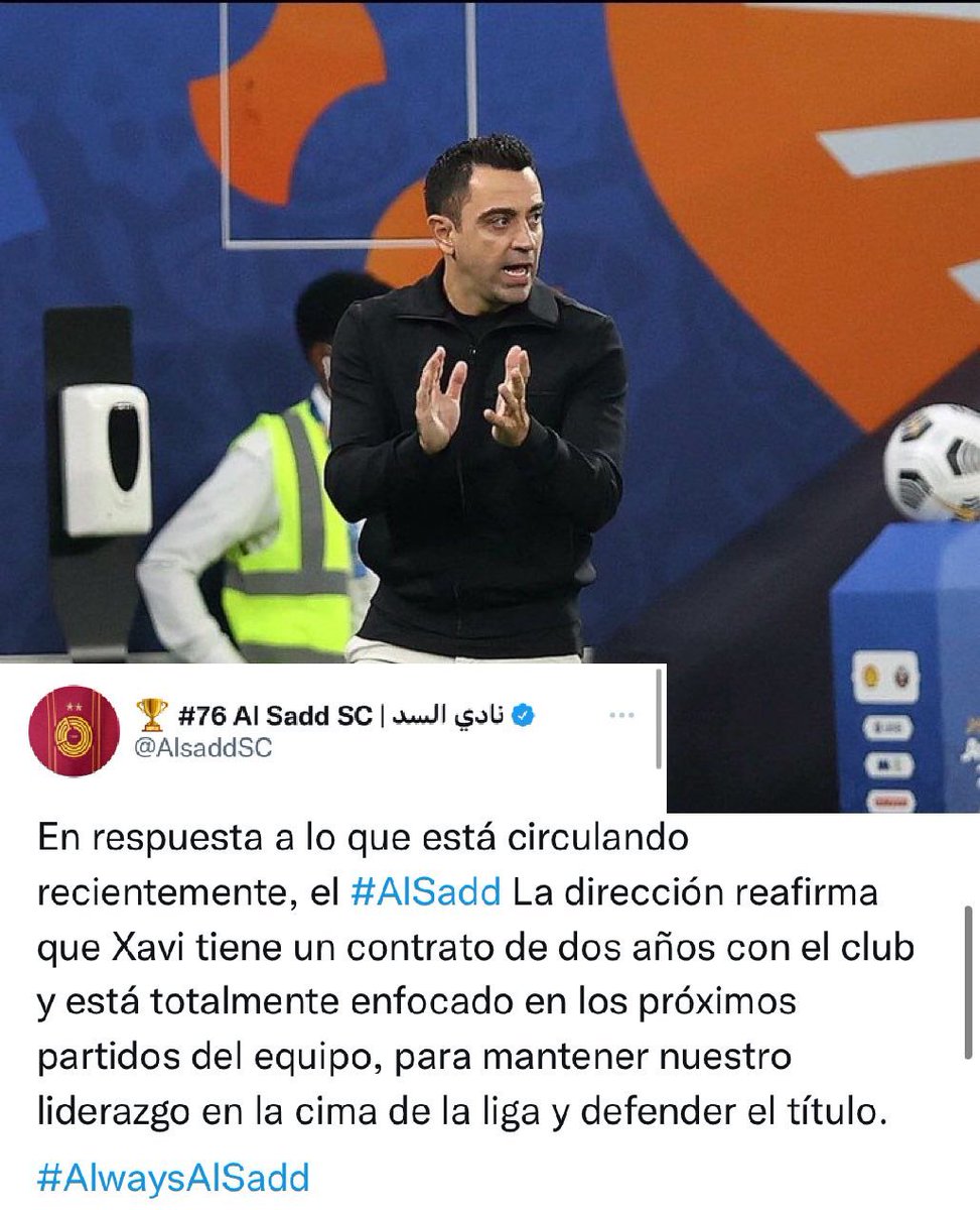 elchiringuitotv's tweet photo. 🚨🚨 ÚLTIMA HORA 🚨🚨

🔥 El @AlsaddSC REAFIRMA A XAVI tras las informaciones de su salida al BARÇA:

💥 “TIENE DOS AÑOS DE CONTRATO”. https://t.co/8MZNZjI12J