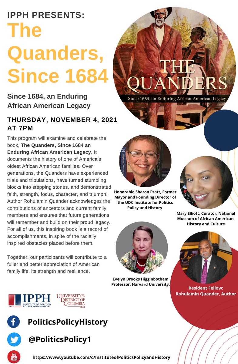 ipphdc's tweet photo. The #Quander Family’s history traces to the 1670s in the Maryland and Virginia colonies. Learn more about one of America’s oldest African American families at #IPPH's discussion on Nov. 4 at 7 PM!
#BlackHistory @Baltimore_Times @TheHstryMakers @AAHGS @DCHistory @WashInformer https://t.co/P0AWJe138z