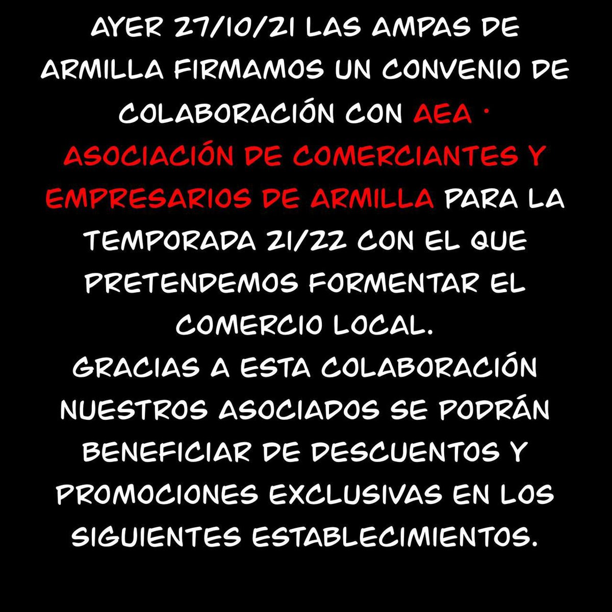 AMPADulcinea's tweet photo. Ayudas entre los comercios de Armilla y los socios de las Ampas, contacta con nosotros y estarás informado de todo..... https://t.co/aQ6fvM34sj