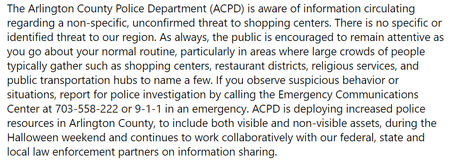 ArlingtonVaPD's tweet photo. MESSAGE FROM THE ARLINGTON COUNTY POLICE DEPARTMENT REGARDING POTENTIAL PUBLIC SAFETY THREAT. https://t.co/O9AcOLzy5r