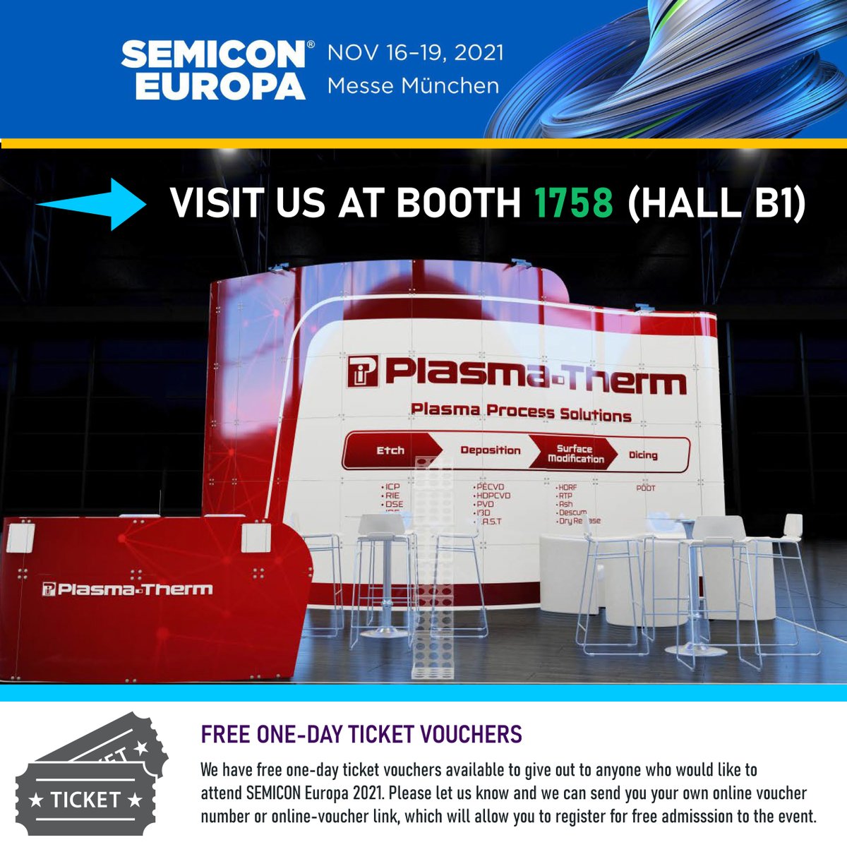 PlasmaThermLLC's tweet photo. See us at SEMICON Europa 2021, Nov 16 - 19 at booth B1758! About the event: https://t.co/trkR1khAVo. Our systems: https://t.co/JCX0LpGWJA #PlasmaTherm #SEMICONEuropa #SEMIEurope #Semiconductor #Semiconductors #PlasmaEtch #PlasmaDicing #ICPetch #PECVD #HDPCVD #IonBeamEtch #HDRF https://t.co/RWLdpxikWf