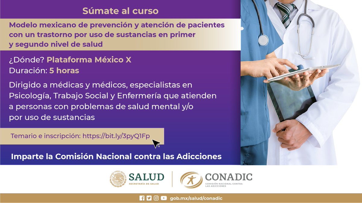 UNavojoa's tweet photo. ¿Formas parte del personal de salud y brindas atención en #SaludMental y/o #Adicciones? Súmate al curso: Modelo mexicano de prevención y atención a pacientes con un trastorno por uso de sustancias en 1er y 2do nivel de atención. Informes: https://t.co/lcbW7aropc 
@juntosxlapazmx https://t.co/omR3T0cwyw