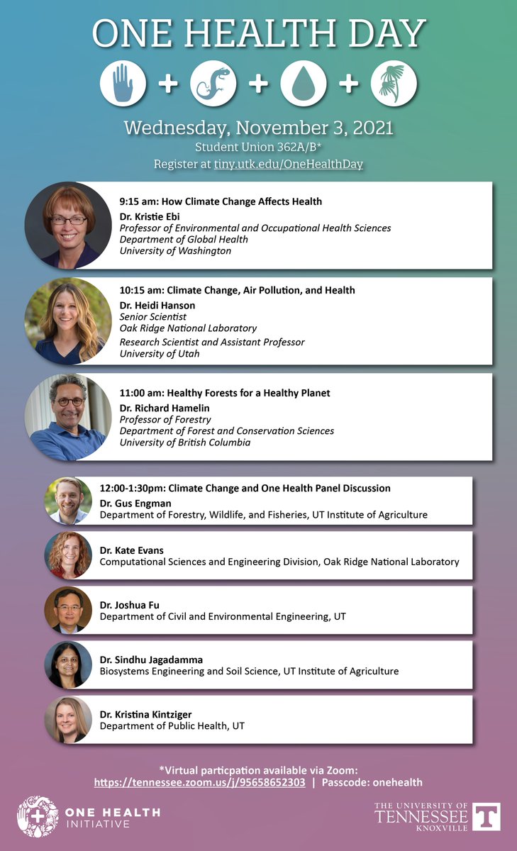 #OneHealthDay is next week &amp; we can't wait! Check out this full speaker list 👀🔥 
Don't forget to register if you want to join us for kayaking w/ <a href="/tnRiverLine/">Tennessee RiverLine</a>, a <a href="/utgardens/">University of Tennessee Gardens</a> tour, or any of the other fun activities we have planned! 
tiny.utk.edu/onehealthday