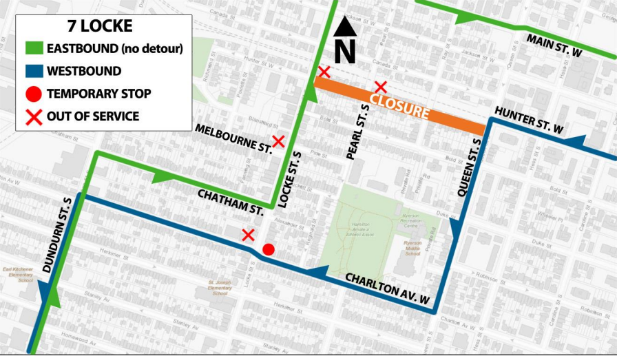 hsr's tweet photo. #HSRAlert #HSR7 on detour due to a watermain repair on November 1st from 7am to 5pm. W/B: From Queen Street and Hunter Street, continue south on Queen Street, right on Charlton Avenue and continue regular routing on Charlton Avenue west of Locke Street. E/B: No detour. https://t.co/nh19Y1FUPb