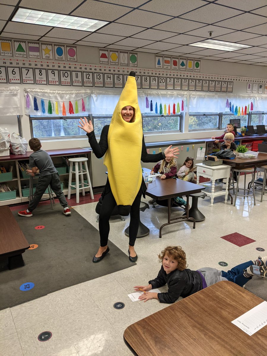One of our first grade classes may have met a class goal and their teacher may have said she would teach as a banana for the day!  #goals