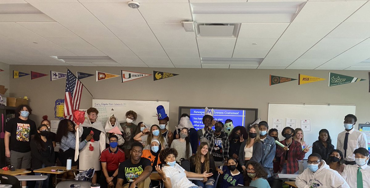 SeviBall's tweet photo. These @HCPS_SumnerHS @HCPS_AVID Seniors have been working HARD on their college &amp; scholarship applications! Newspaper Halloween costumes were a great way to unwind and continue building relationships. I’m so proud of them ☺️ https://t.co/ilCUVbEAGI