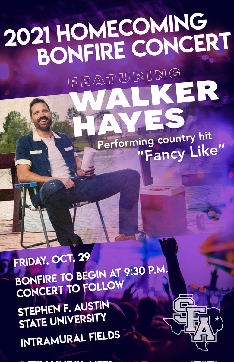 Tonight is the night Lumberjacks!!!!  Come out to the Homecoming Bonfire Concert featuring Walker Hayes!!  Bonfire to begin at 9:30 p.m. and concert to follow, located at the Intramural Fields.  Let’s show our Lumberjack spirit!