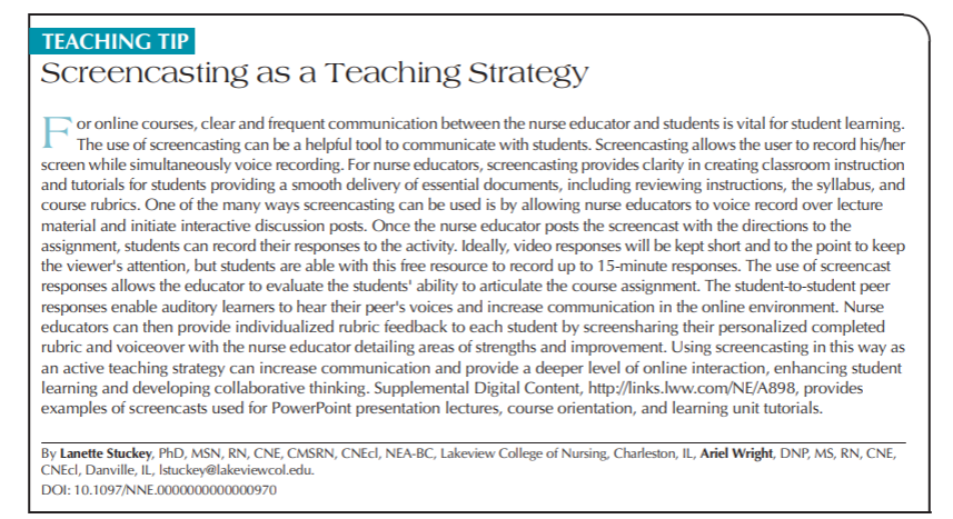 Stallings_MA's tweet photo. This was in the Nurse Educator September/October 2021 Journal. Screencasting technology can help us educators improve communication with our learners. #DistEd534 https://t.co/ekx930QhTM