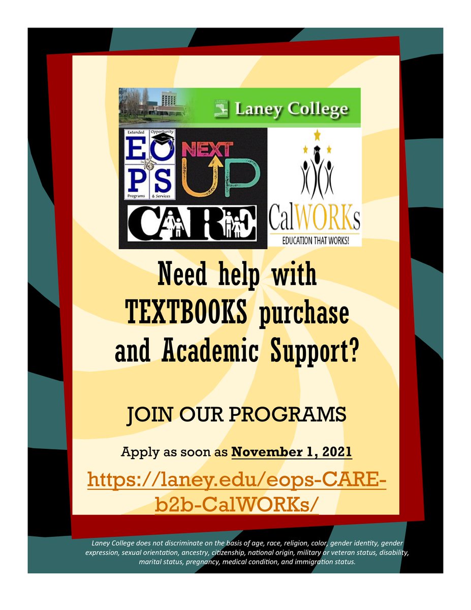LaneyEops's tweet photo. Need Help With Textbooks Purchase For Spring 2022 Semester. Apply To The EOPS Program Starting Nov. 1. To Apply Go To: https://t.co/W7GkyzzU0I https://t.co/RF7VBhteWu