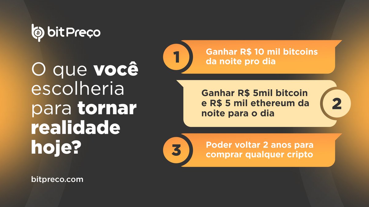Bitypreco's tweet photo. Não custa nada sonhar.
Se você pudesse escolher uma dessas opções para sua carteira cripto, qual seria?
Diz pra gente.
#BitPreço #MelhorPreçoDeBitcoin #Bitcoin #Ethereum #PaxGold #BinanceCoin #ComprarEthereum #Sonhar #Inovação #Criptos #Criptomoedas #IndependenciaFinanceira https://t.co/bqfsfmhFVD