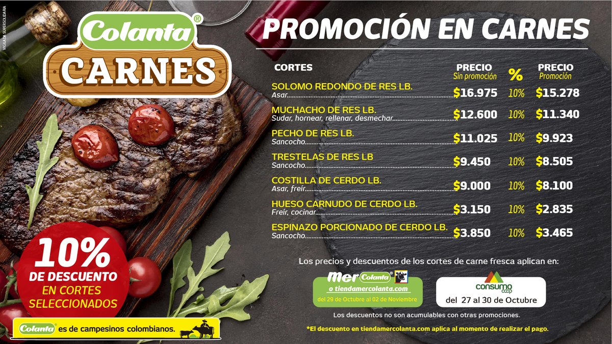 mercolanta's tweet photo. ¡Llegó la #PromoCarnuda de esta semana!  Aprovecha 10% de descuento en cortes seleccionados.

Encuéntrala en tu Mercolanta más cercano o pídela a domicilio.

#Colanta #Mercolanta #Carne #Carnes #Corte #Descuento #Promoción https://t.co/EIzeI42pCH