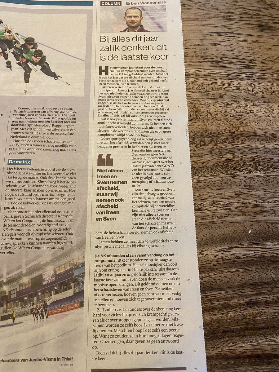 erbenwennemars's tweet photo. Bij alles dit jaar zal ik denken: dit is de laatste keer #ColumnErben @ADSportwereld @SvenKramer86 @Ireenw https://t.co/H8Rv8F9BSW