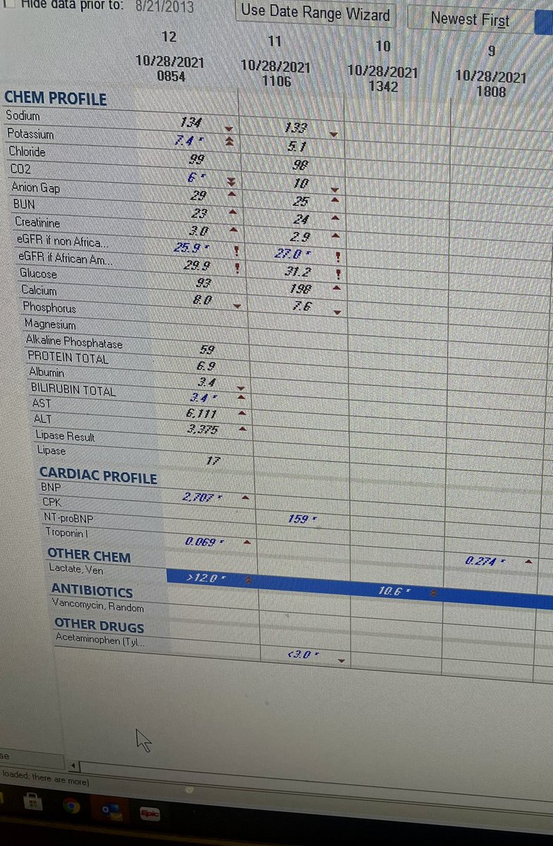 SwethaKanduriMD's tweet photo. Young pt with EF 10-15%, high gap metabolic acidosis/ lactic acidosis> 12, Hyperkalemia 7.4, AKI and severe abdominal pain. Extensive work up for source of acidosis inconclusive. Good old dobutamine worked magic 🤷‍♀️UOP 7 lit #cardiogenicshock# @D_MundyFNP @OchsnerNephro https://t.co/qvgG11ixzJ