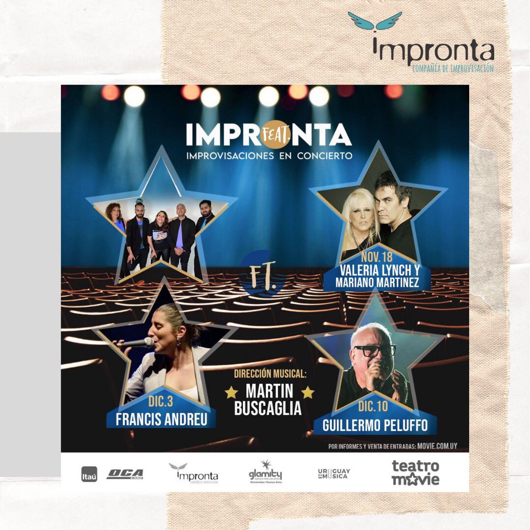Ya están a la venta las entradas para IMPRONTA Feat
🎤Jueves 18/11:
 Ft. VALERIA LYNCH y MARIANO MARTÍNEZ*
🪗 Viernes 3/12:                                             Ft. FRANCIS ANDREU                   
🎸Viernes 10/12:                                    Ft. GUILLERMO PELUFFO
