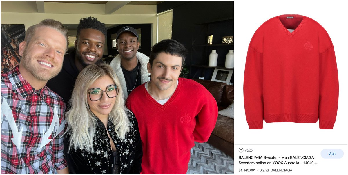 GrassiFashion's tweet photo. @mitchgrassi is wearing a @BALENCIAGA red knit sweater. Don’t forget to check out @ptxofficial latest album Evergreen out now!! 
#PTXEvergreen https://t.co/rJbf5Zq5GJ
