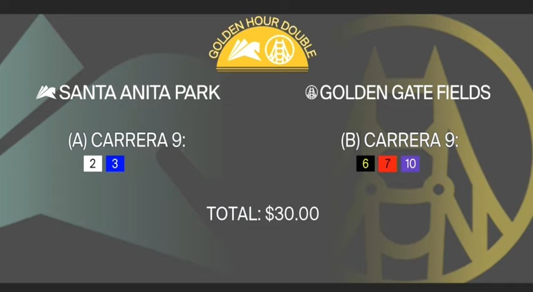 CanalHipicaTV's tweet photo. #Hipismo 
Viernes #29octubre, aquí pueden ver los tickets preparados por nuestro equipo para el #GoldenHourPick4 y el #GoldenHourDouble en @santaanitapark y @GGFracing https://t.co/H27nGlNF6v