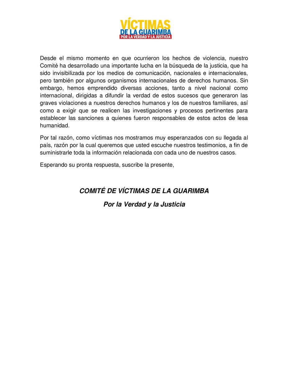 CARTA PÚBLICA AL FISCAL DE LA CORTE PENAL INTERNACIONAL <a href="/KarimKhanQC/">Karim A. A. Khan KC</a>

Señor Fiscal queremos que escuche nuestros testimonios.

Los manifestantes violentos asesinaron a nuestros familiares, ayúdenos a hacer justicia.

No a la impunidad.