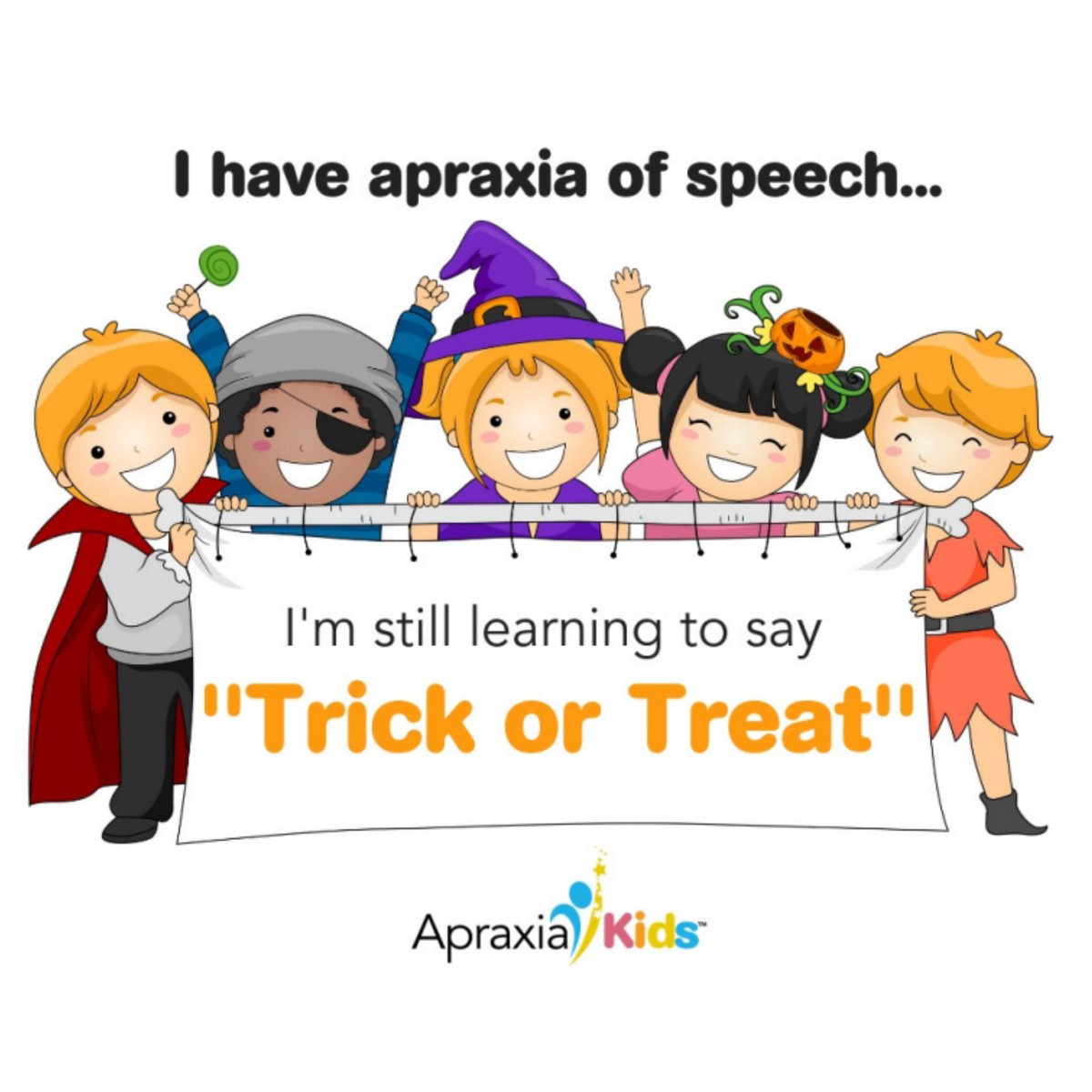 Our "Trick-or-Treat" download is the perfect resource to make sure participating in #Halloween is fun for all children! One side says “I have apraxia of speech. I’m still learning to say trick or treat” &amp; the other side gives information on CAS!

Download: apraxia-kids.org/wp-content/upl…