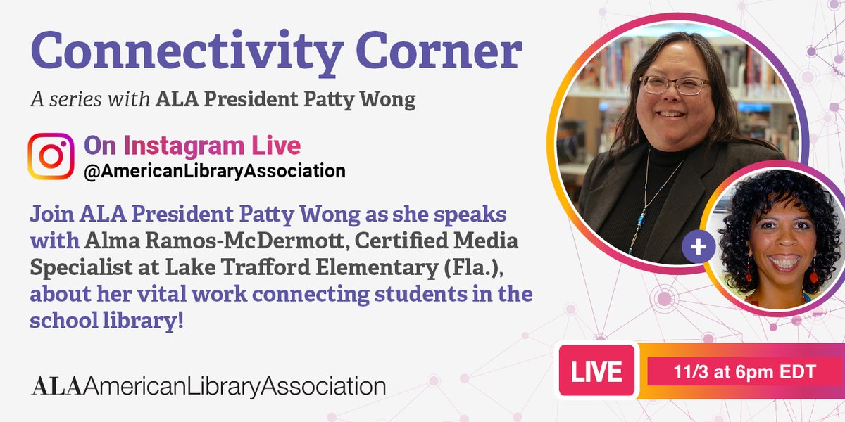 We're only a few days away from <a href="/VotePattyWong/">Patricia "Patty" Wong</a>'s next Connectivity Corner on Instagram Live! Join her on Wed, 11/3 @ 6pm EDT as she's joined by Alma Ramos-McDermott to discuss her work in #SchoolLibraries connecting students with critical skills &amp; resources - don't miss out!