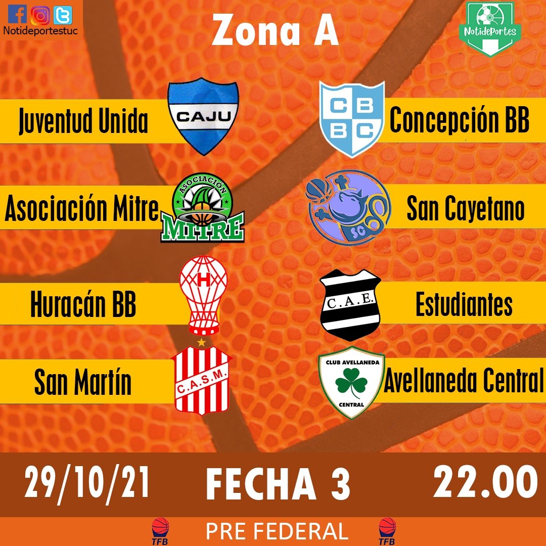 Notideportestuc's tweet photo. #PreFederal 🏀 | Duelos

3️⃣ Fecha | Zona 🅰️

▫Juv. Unida 🆚️ Concepción BB 
▫Asoc. Mitre 🆚️ San Cayetano 
▫Huracán BB 🆚️ Estudiantes
▫San Martín 🆚️ Avellaneda C.
 
Los encuentros comenzarán este viernes a las 22:00hs, en simultáneo.

#Basquet | #Tucuman https://t.co/T3m7AeqoWv