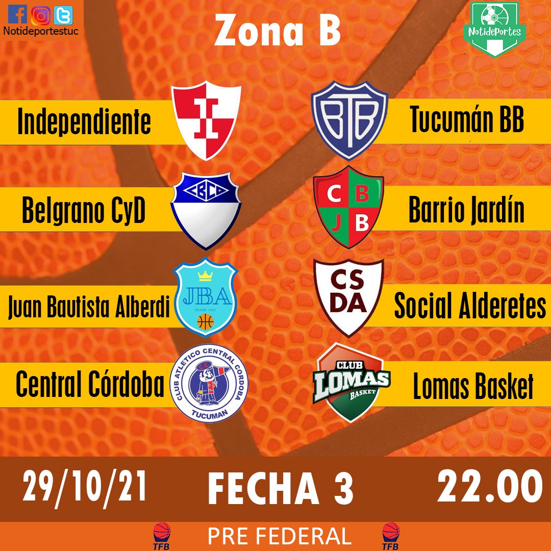 Notideportestuc's tweet photo. #PreFederal 🏀 | Duelos

3️⃣ Fecha | Zona 🅱️

▫Independiente 🆚️ Tucumán BB
▫Belgrano 🆚️ Barrio Jardín 
▫JB Alberdi 🆚️ Social Alderetes
▫Ctral. Córdoba 🆚️ Lomas Basket 
 
Los encuentros comenzarán este viernes a las 22:00hs, en simultáneo.

#Basquet | #Tucuman https://t.co/BOi1aWopit
