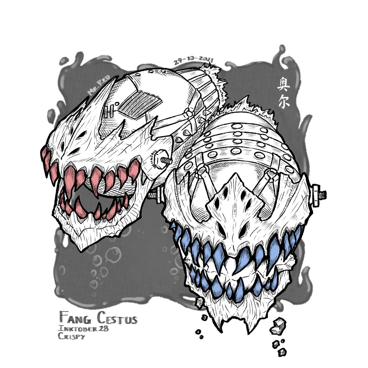 CamiloRojoArt's tweet photo. Wanna test if your bones are crunchy?🦈

¿Quieres probar si tus huesos son crujientes?🦈

#Inktober #inktober2021 #inktober2021day28 #inktober2021crispy #crispy #crunchy #caestus #cestus #fangs #gloves #conceptart #ArtistOnTwitter #artist #Artober #drawtober #weapon #artwork #art https://t.co/q6DxUqoNTN