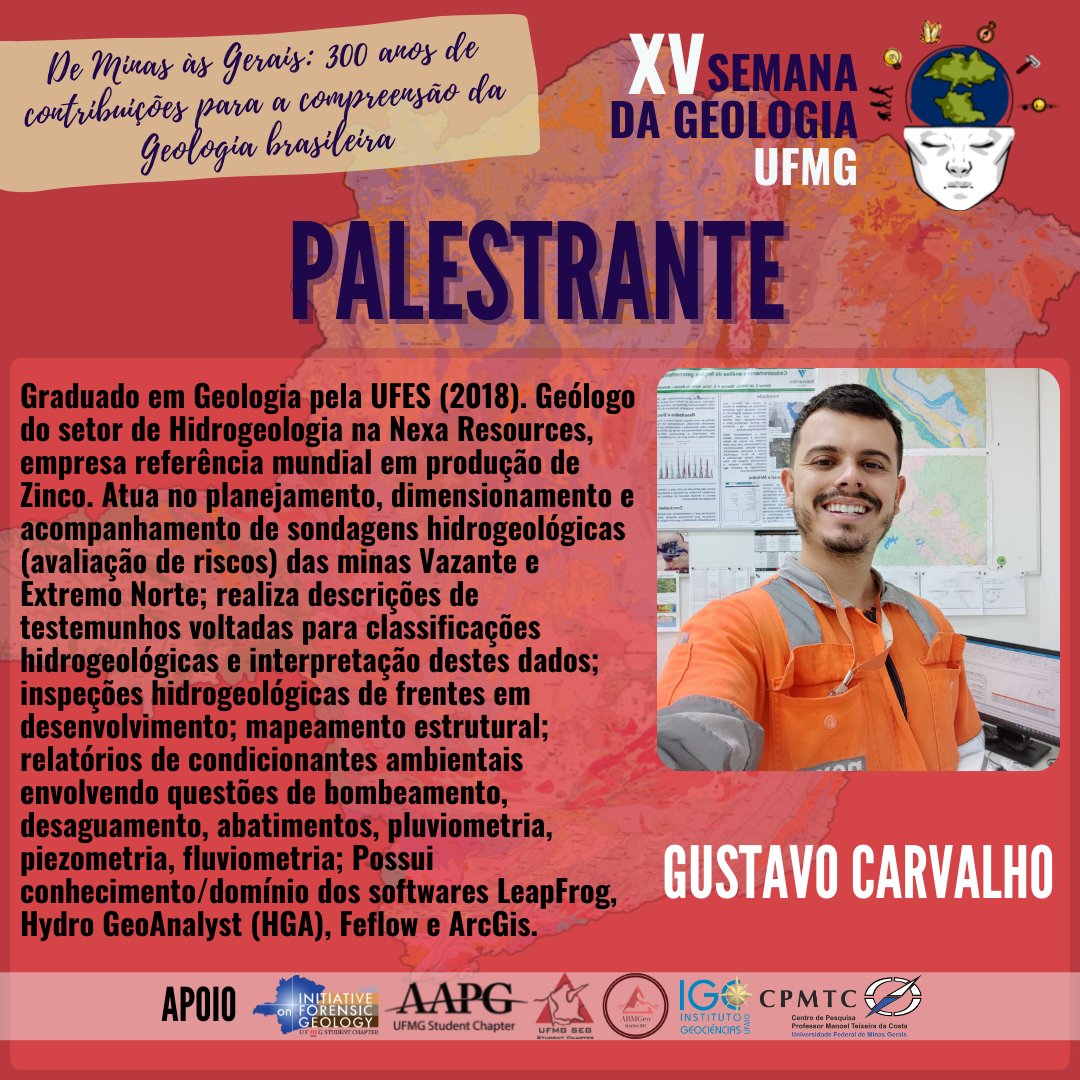 sgufmg's tweet photo. O #geólogo Gustavo Carvalho apresentará na XV Semana da #Geologia a palestra:
"#Hidrogeologia na Faixa #Vazante: processos e desafios"
Esta é uma parceria com o capítulo estudantil de Geologia Econômica na #UFMG, @segufmg
#geociências #sgufmg #segstudentchapter #seg https://t.co/42FeVn80mx