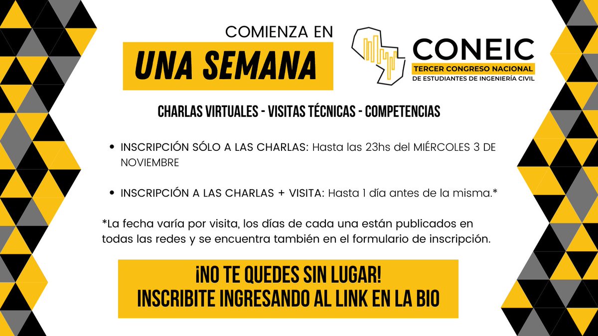Estas son las fechas límite para que te inscribas al mayor Congreso Nacional de estudiantes de Ing. Civil del país! No te quedes sin lugar 🥳🥳🥳 bit.ly/CONEIC2021