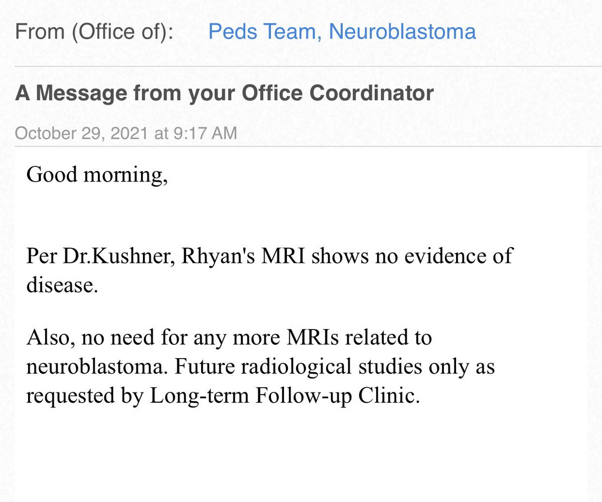 Results are in…and we have CLEAR SCANS!!!

Our drs secretary sent us our good news along with an extra little bonus we weren’t expecting…Rhyan doesn’t need to do ANY MORE SCANS😱. God’s been so good to us!

#RallyforRhyan