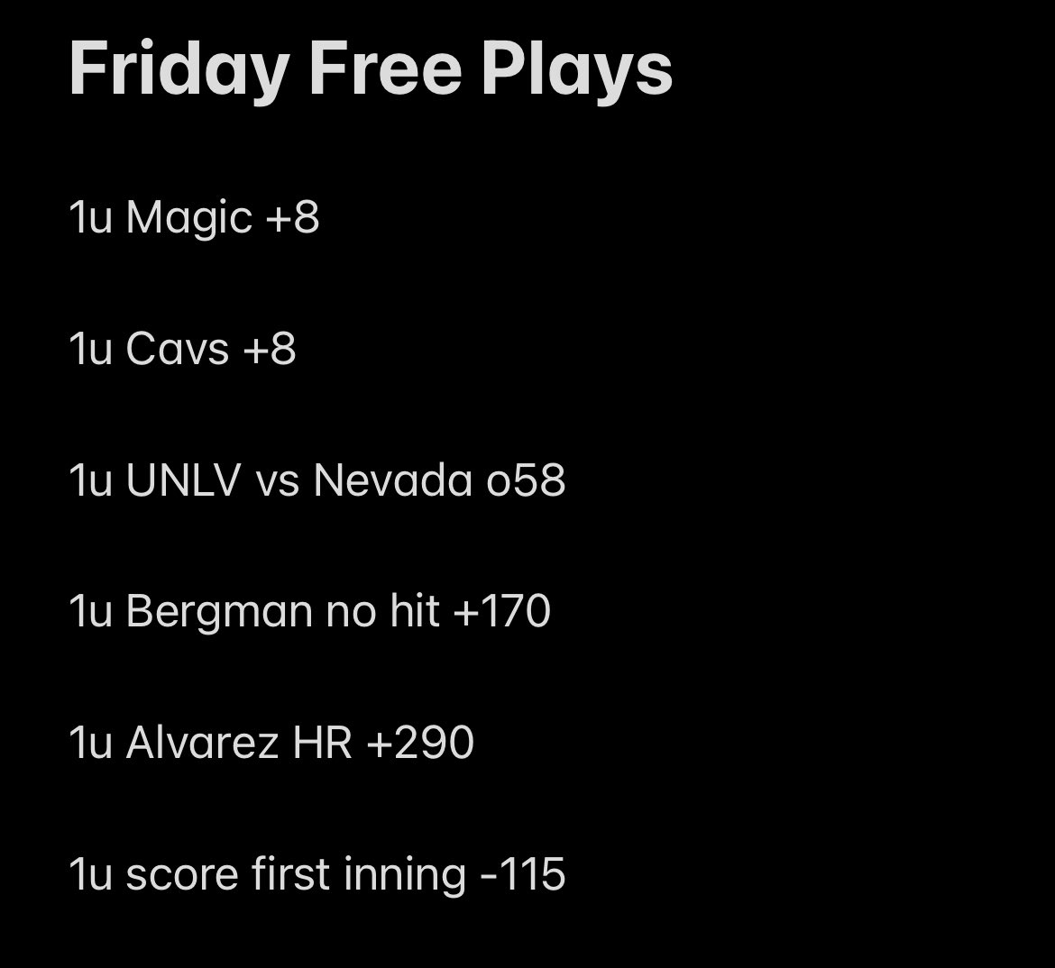 7 MAX PLAYS SENT 🔒

42-16-1 +105u in our last 59 MAX plays!!!!👑

FREE PLAYS BELOW ⬇️ 

#GamblingTwitter #MLB #Postseason #MakeItMajor #WorldSeries #ForTheH #ForTheA #NBA #NBA75 #CFB