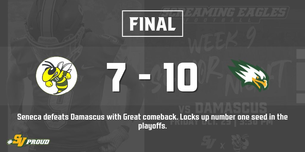 SVHSathletics's tweet photo. Seneca Valley defeats DAMASCUS for the first time in 10 years. Locks up number one seed in the playoffs. Let’s go screaming eagles. https://t.co/gij6ggdQ52
