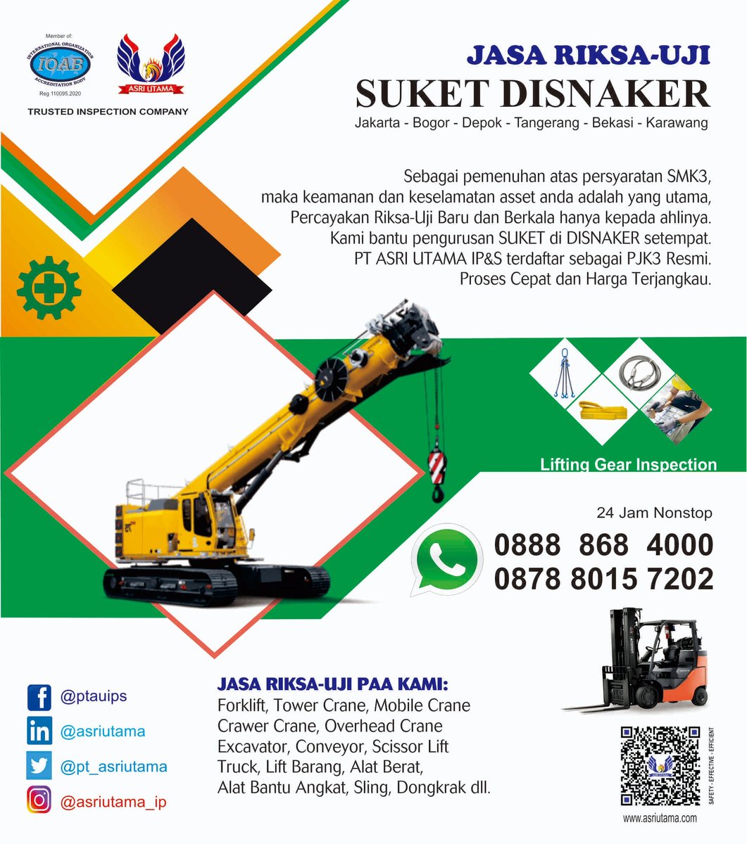 Akhir tahun, bagi Pemilik alat yang SUKET DISNAKER-nya hampir expired, hubungi kami ya..  Bisa di nomor hotline 0888 868 4000, atau inbox juga welcome.. Proses cepat saja, harga bisa diatur.. ditunggu ya... #suket #disnaker #alatberat #crane #forklift #gantrycrane #carlift #sling