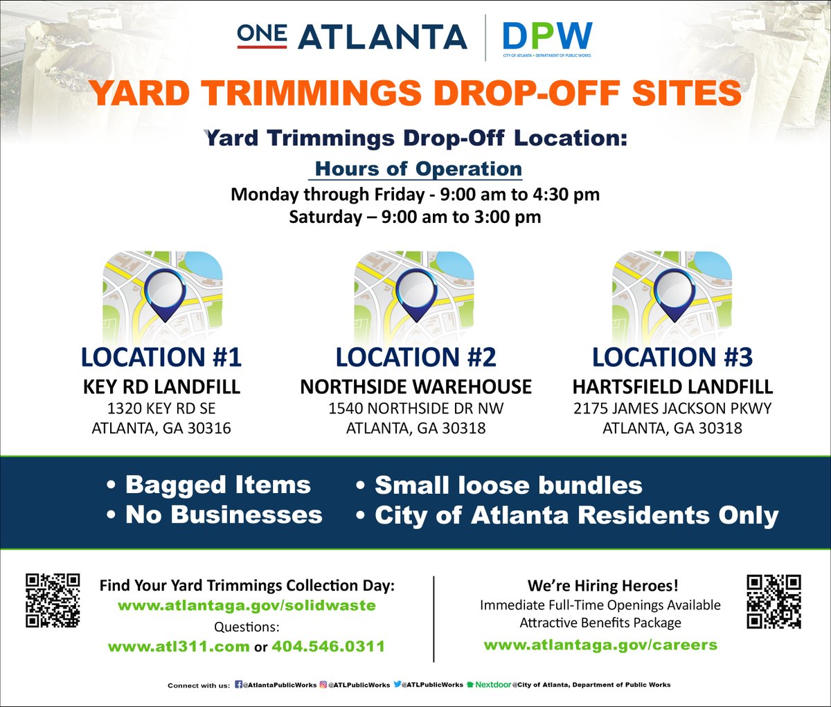 ATLPublicWorks's tweet photo. Starting tomorrow,  two (2) additional  sites will be open for @CityofAtlanta residents to dispose of yard trimmings.  For the latest updates on changes from @ATLPublicWorks, visit https://t.co/d2TB0Z5W0S.  #KeepATLBeautiful #ATLCleanandGreen #PublicWorks #OneAtlanta https://t.co/kx2TaMe9jT