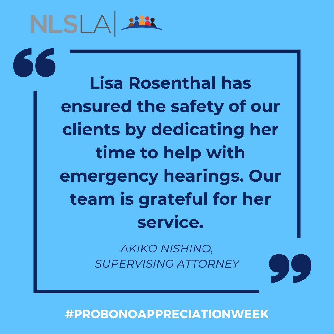 NLSLA's tweet photo. The pandemic has exacerbated many of the legal issues facing our clients, including domestic violence cases. We are grateful for the help of attorney Lisa Rosenthal for her dedication to advocating for our most vulnerable clients. #ProBonoAppreciationWeek https://t.co/V6JBmoGdRh