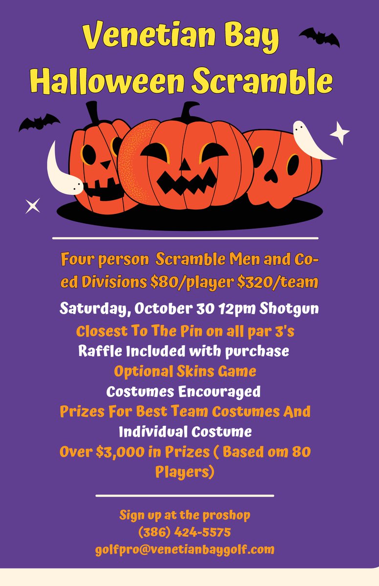 Join us for our Halloween Scramble this year! Call the pro shop at (386)434-5575 or email golfpro@venetianbaygolf.com! 🎃