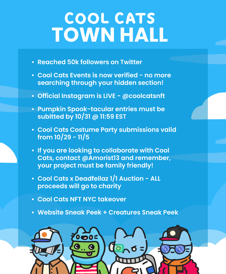 coolcats's tweet photo. TOWN HALL - 10/29/21

Creatures sneak peeks (that AREN'T just shadows this time!), a Times Square takeover, and more! The team is continuing to build and trust us, it'll all be worth it! Now, who's going to take one for the team and start an item speculation spreadsheet? 🐱💙🤔 https://t.co/cBLHUTWVuD