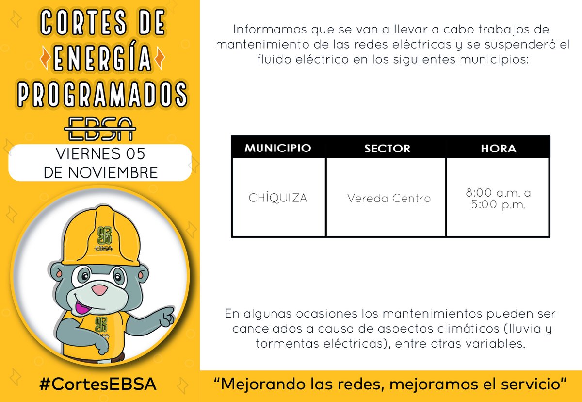 EBSApuraenergia's tweet photo. 🕯 #CortesEBSA ǁ Entérate de las suspensiones programadas por mantenimiento e instalación de redes #Viernes 05 de Noviembre #Prográmate 🔦Infórmate: https://t.co/G3casHhkwL https://t.co/3CrZUjwxBg