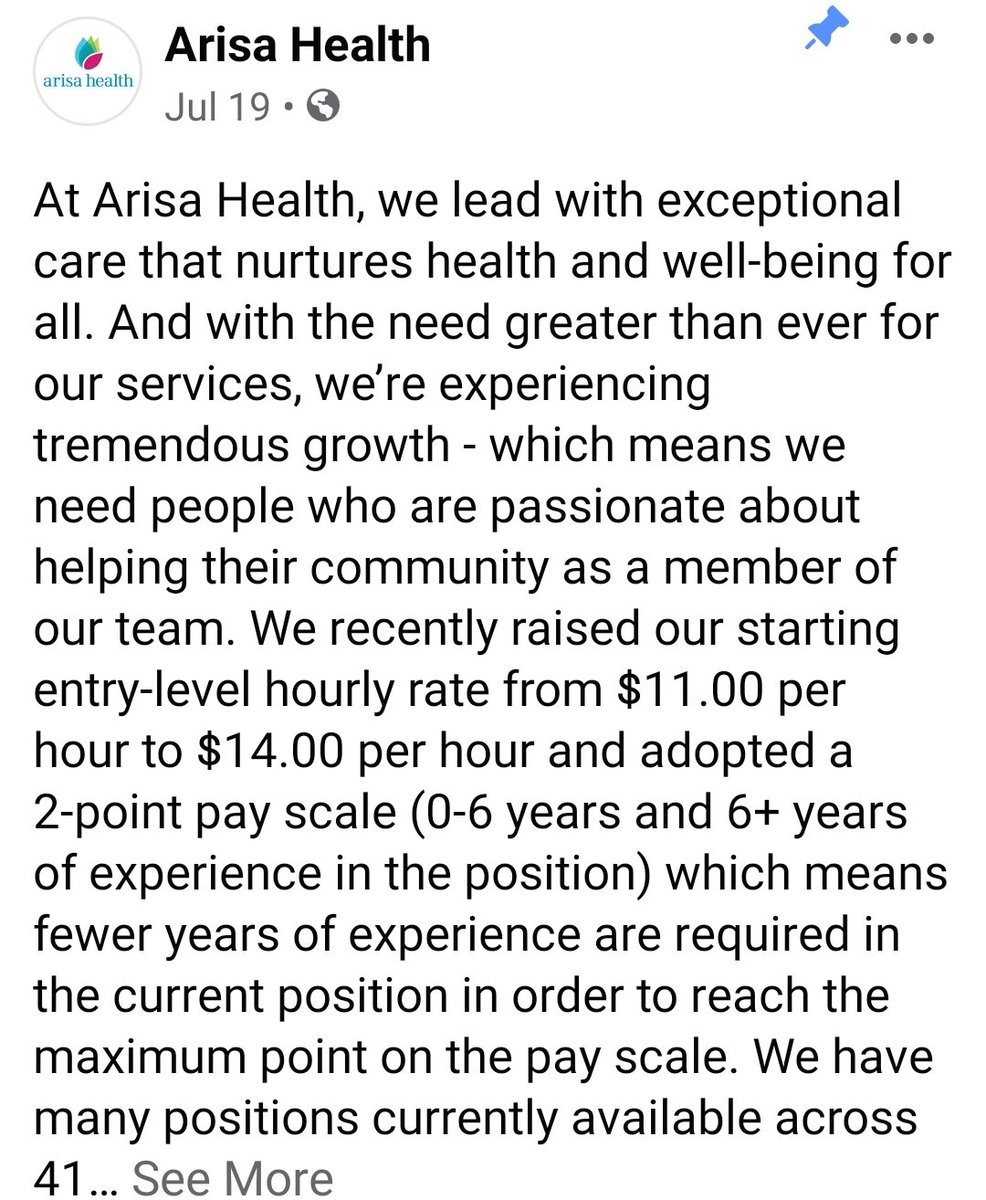ozarks_mamabear's tweet photo. @arisahealth posted recently that they were hiring. See their pay scale for employees in the image attached.
On the other hand, A local Walmart also notified they were hiring, see their payscale. 
For which job do you need TRAINING?!! https://t.co/63pSWoQDs7