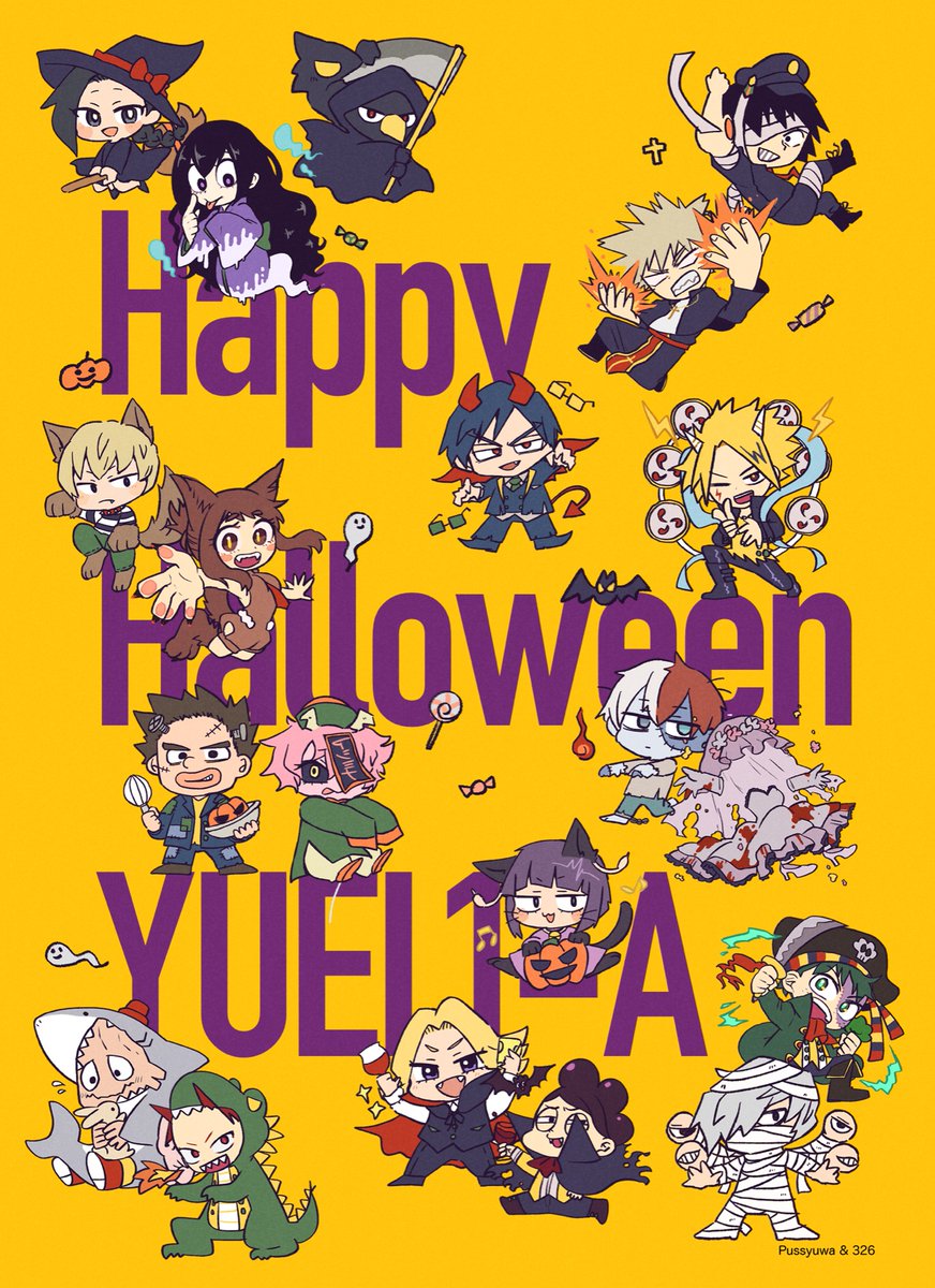 bakugou katsuki ,jirou kyouka ,midoriya izuku ,todoroki shouto ,uraraka ochako ,yaoyorozu momo halloween costume 6+boys multiple girls witch hat halloween hat vampire costume  illustration images