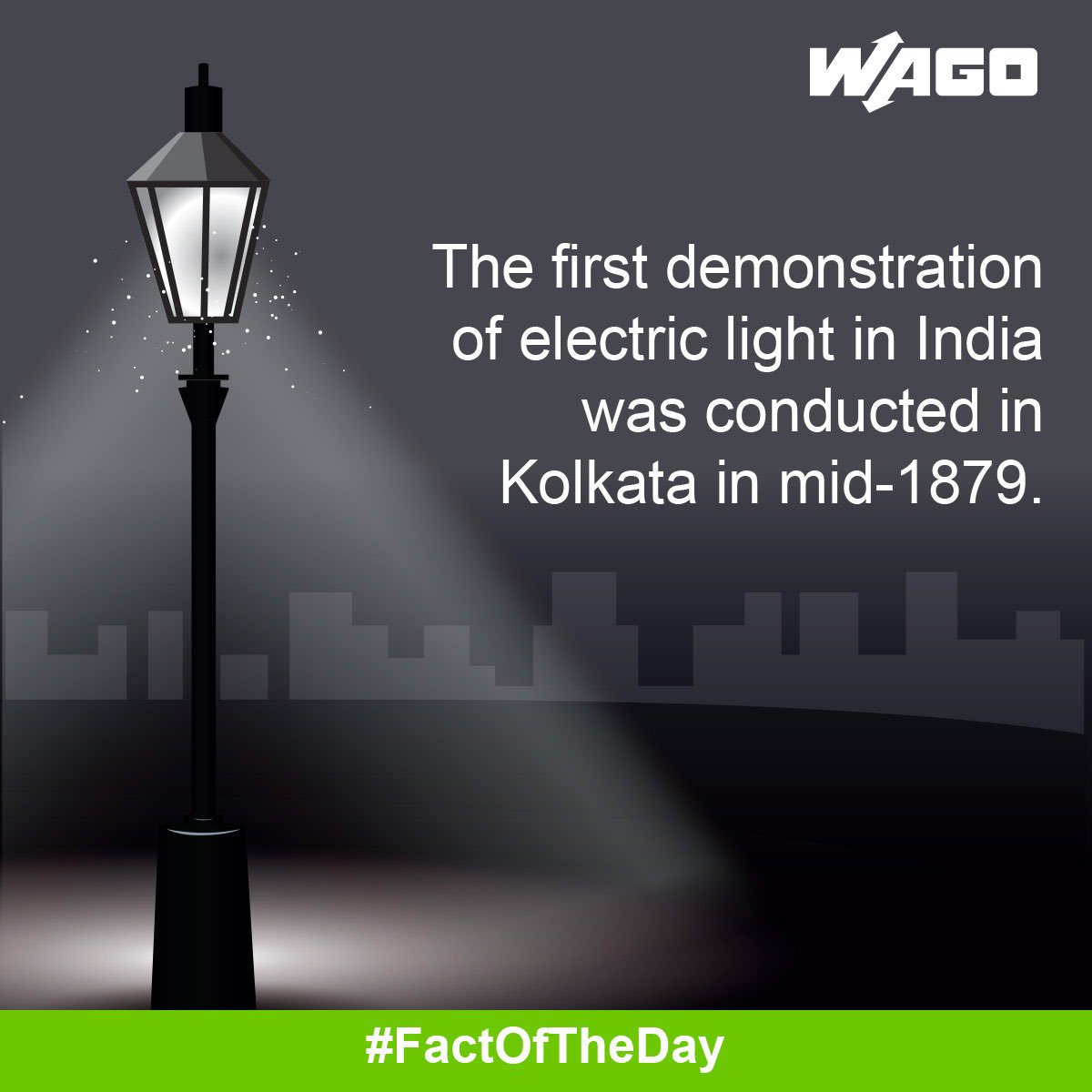 WAGOIndia's tweet photo. In 1879, Kolkata became the first city in India to have electric lights. In a time where lantern was used for illumination by most people all across this country, it was an incredibly momentous occasion at that time.
#FactOfTheDay #WAGO #WAGOIndia #ElectricLights https://t.co/d0h3ZDR3i6
