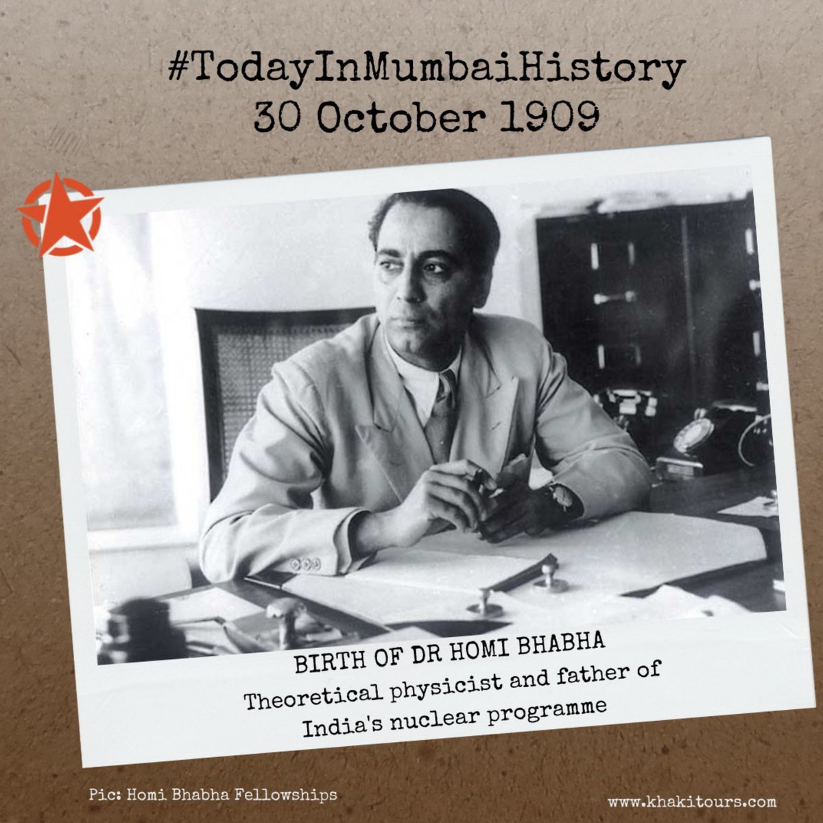 KhakiLab's tweet photo. #TodayInMumbaiHistory
This day, 112 years ago, scientist Dr #HomiBhabha was born in a bungalow called #Kenilworth on #Peddar Road. He studied at #Mumbai's #ElphinstoneCollege and the Royal #InstituteOfScience before leaving for #Cambridge for his doctorate in nuclear physics. https://t.co/EgHLCMlvSE