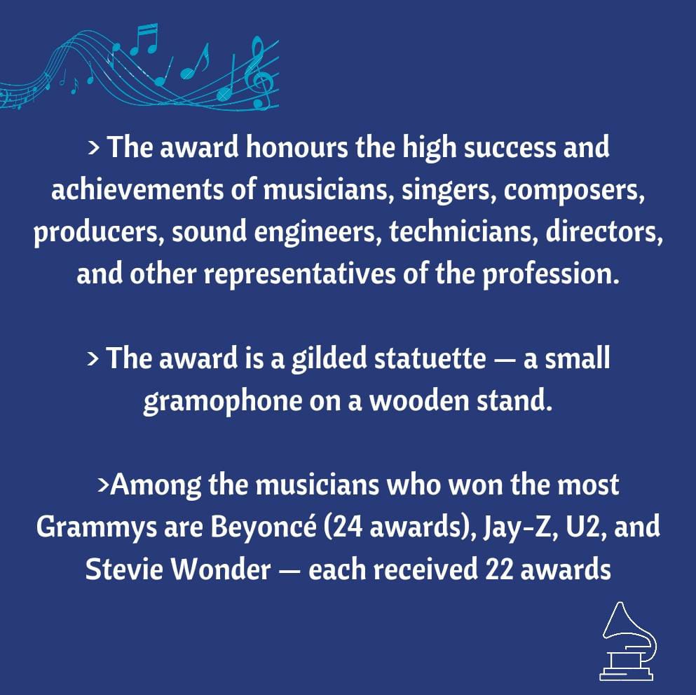 BellsTimbre's tweet photo. The Grammy Awards, originally called Gramophone Award, is an award presented by the Recording Academy to recognize achievement in the music industry. Let's learn what else the awards offer!

#grammys #grammyawards #music #gramophoneawards #timbrebells #musician #musicaloscar https://t.co/2Cp8HhXQG0