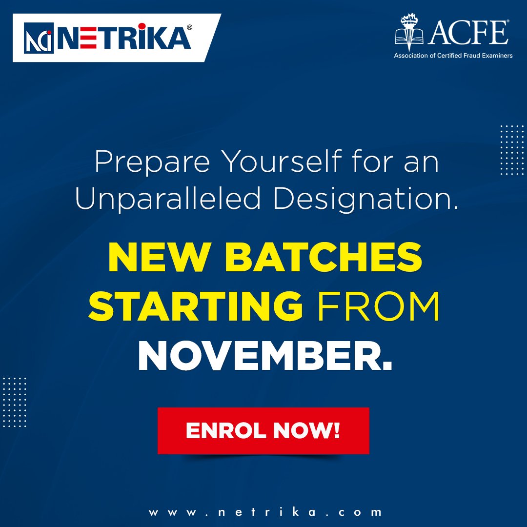 Netrika_PvtLtd's tweet photo. Prepare yourself for an unparalleled credential!
Enrol now for the CFE exam review course, batches starting from November
Know more
https://t.co/Oc44TMuHBj
#cfe #acfe #netrikatrainings #netrikacertification
#cfecredential https://t.co/FPz6T69Em1