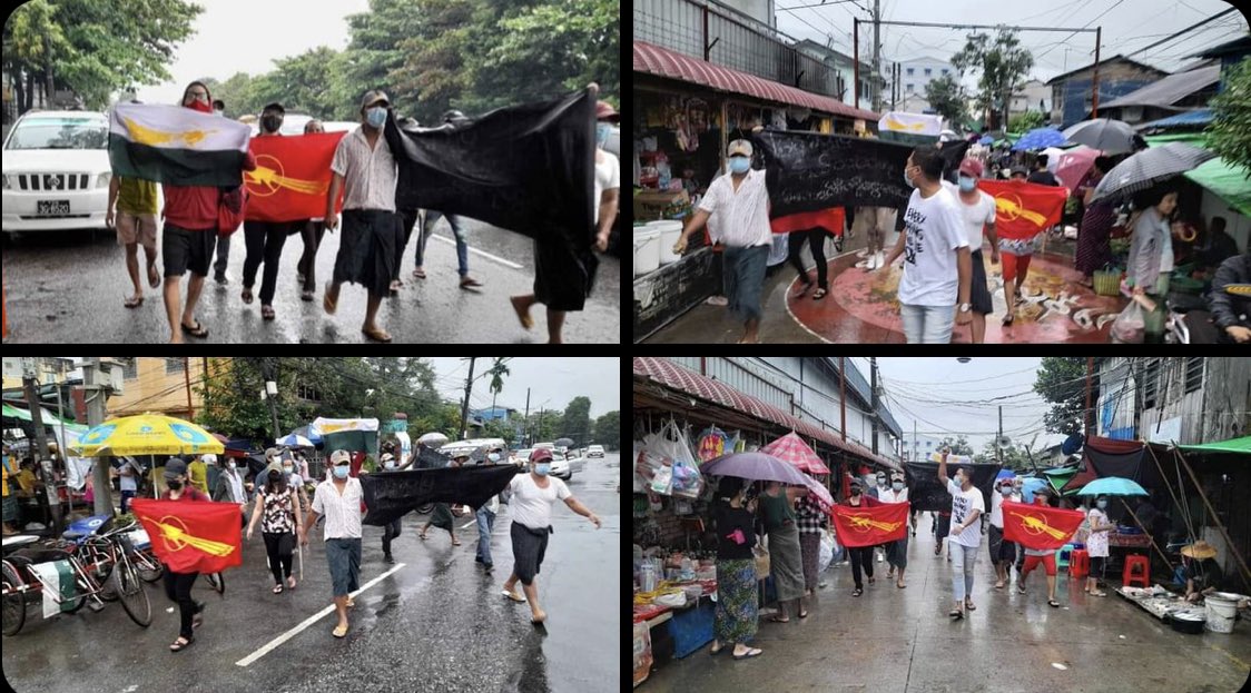 26_HLA's tweet photo. Valiant and bold civilians of Yangon’s MayanGone township, protested against military dictatorship by using Guerilla tactics to avoid bullets.  #WhatsHappeningInMyanmar #Oct30Coup #WarCrimesOfJunta https://t.co/l9PcPAPpdZ