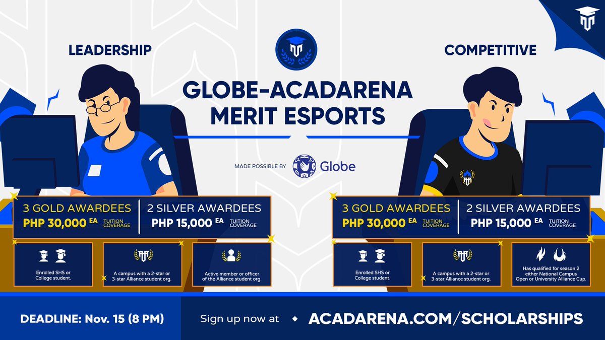 acadarena's tweet photo. Org lord/student leader ka ba? Do you also love to compete &amp; play?

If yes, swak ang Globe-AcadArena Merit Esports Scholarship para sa'yo!

Be an #AcadArenaScholar! APPLY NOW:
🌟 LEADERSHIP: https://t.co/uBWDa8JjIk
🎮 COMPETITIVE: https://t.co/oxOhp7mGV9

Deadline: Nov. 15, 2021 https://t.co/G4u5ed97ns