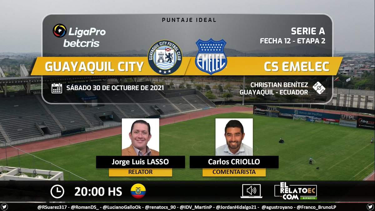 PuntajeIdealEC's tweet photo. ⚽ #LigaProBetcris 🇪🇨 | @GuayaquilCityFC vs. @CSEmelec
🎙 Relator: @jlasso_Sports
🎙 Comentarista: @CarlosCriolloE
💻📱 #ElRelatoEc 🔉🎧 (Formato Radio)
YT: https://t.co/dpSuvz2CDb
FB: https://t.co/c7zUGnkqjg
Dale RT 🔃 https://t.co/looVeO520w